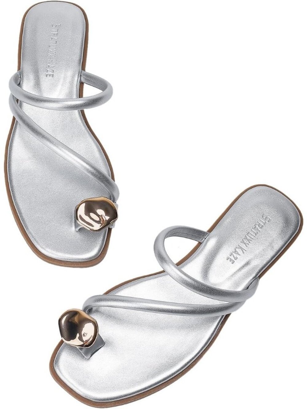 Women's Silver Toe Ring Thong Sandals with Cushioned Insole Flats for Beach Wear